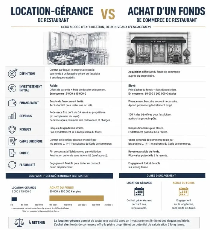 Tableau comparatif entre location-gérance et achat de fonds de commerce pour un restaurant