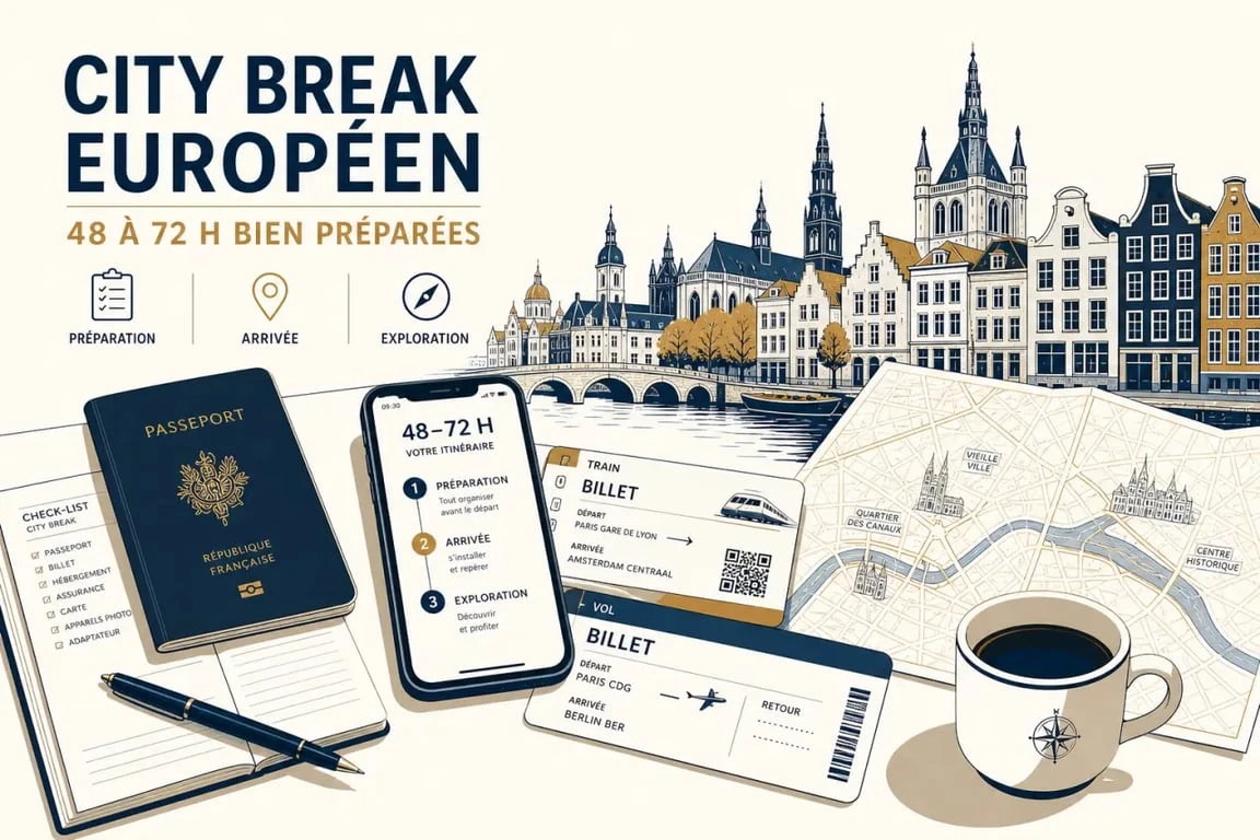Réussir un city break en Europe : illustration d’un voyage urbain de 48 à 72 h avec carte, valise et itinéraire