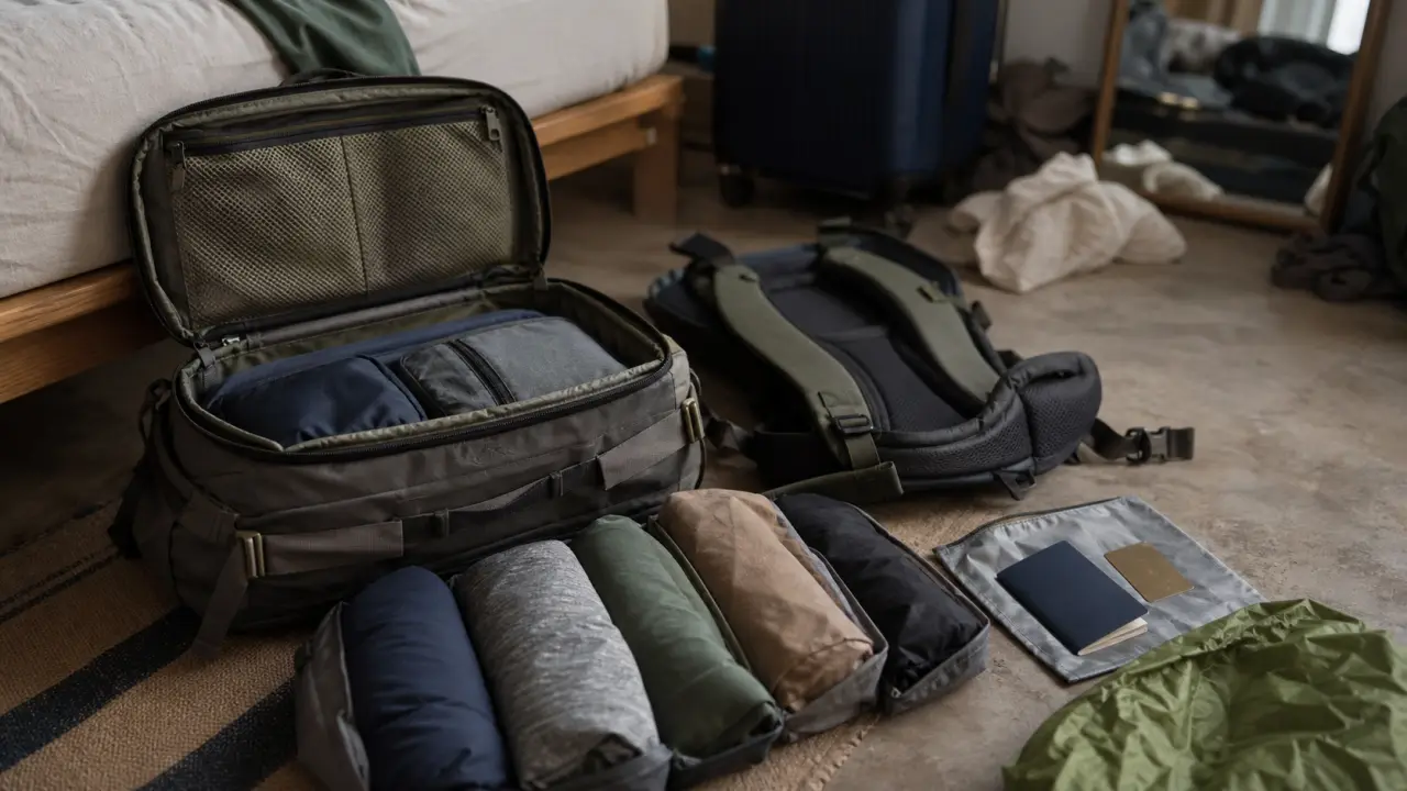 Faire son sac de voyage: la checklist, sac 40 L léger avec documents et moins de 7 kg