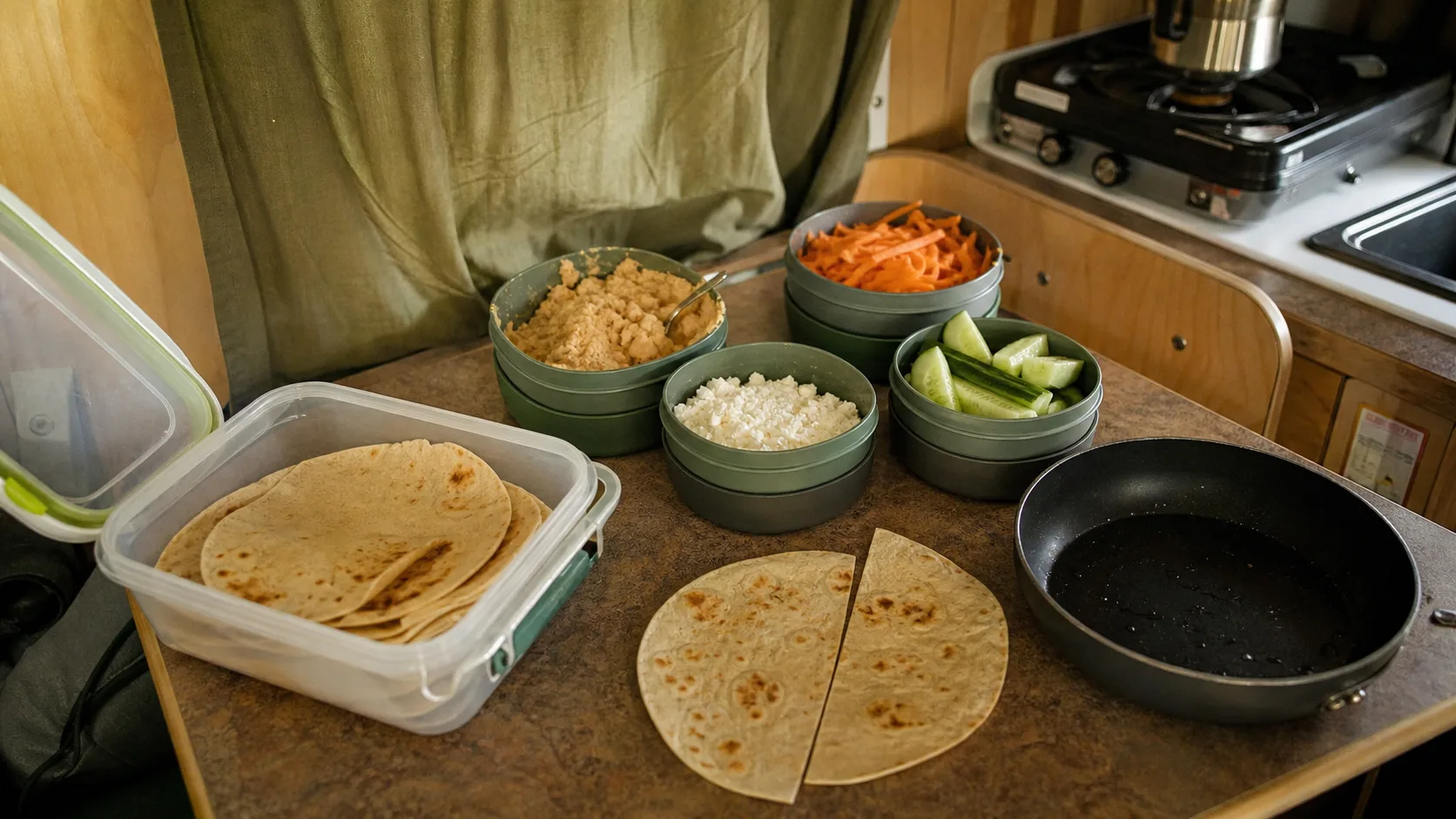 Idee repas camping car : tortilla tiède, bols et crudités sans encombrer la cuisine