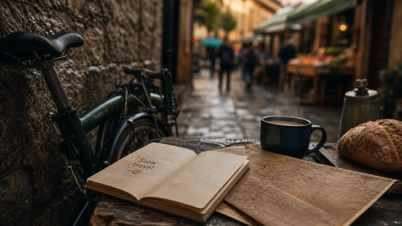 Le slow travel: voyager autrement, vélo et carnet dans une ruelle de village