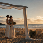 Mariage à la plage golden hour sur sable, cérémonie laïque au bord de l’eau