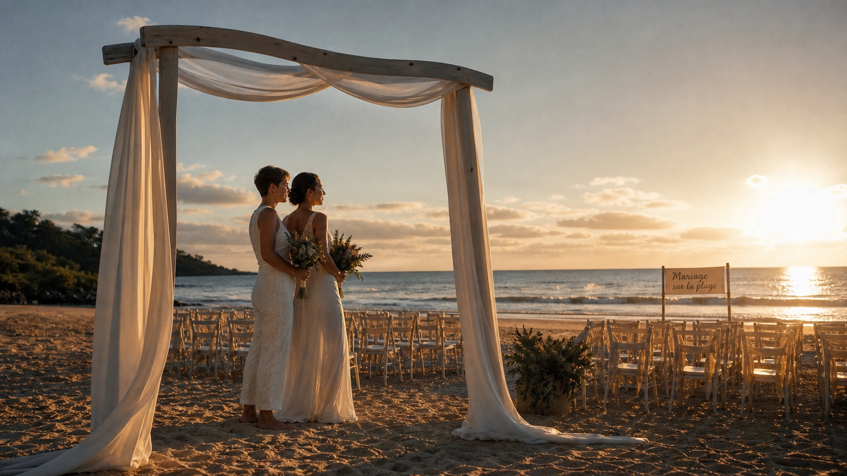 Mariage à la plage golden hour sur sable, cérémonie laïque au bord de l’eau