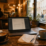 Travailler dans un cafe avec portable et tasses, sans gêner le service