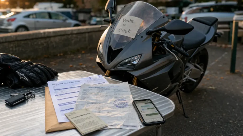 Vente moto sans controle technique en l'état : moto sur béquille et documents de cession