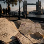 Blog Londres : carnet et carte près de la Tamise, Tower Bridge flou