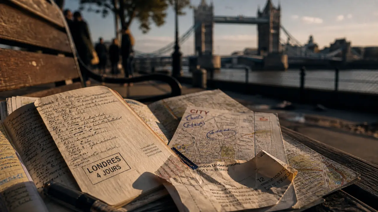 Blog Londres : carnet et carte près de la Tamise, Tower Bridge flou