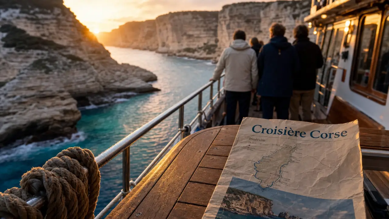 Croisiere corse : bateau au coucher du soleil, crique turquoise près de Bonifacio