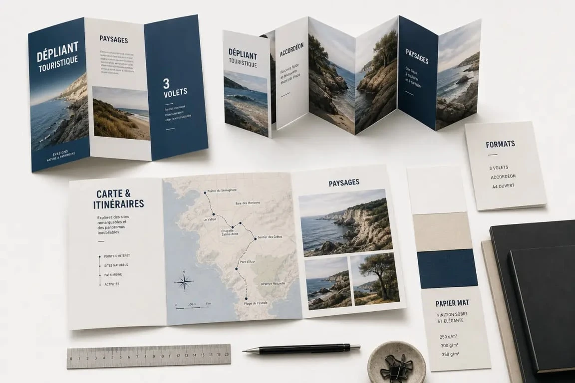 Dépliant tourisme avec exemples de formats, pliages et finitions sur une table de création