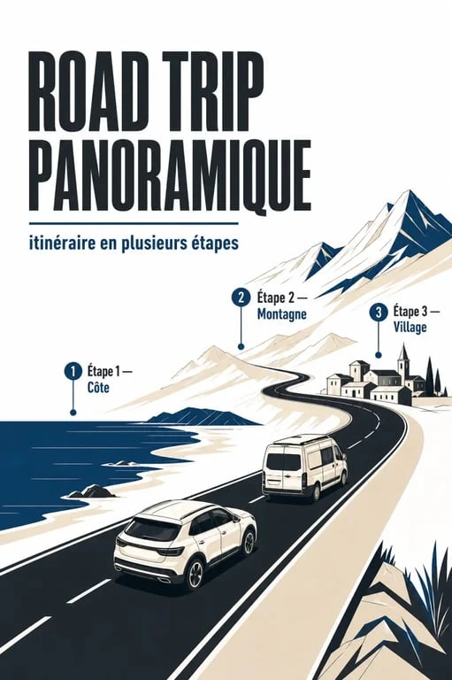 Road trip c'est quoi : voiture sur une route panoramique avec plusieurs étapes de voyage