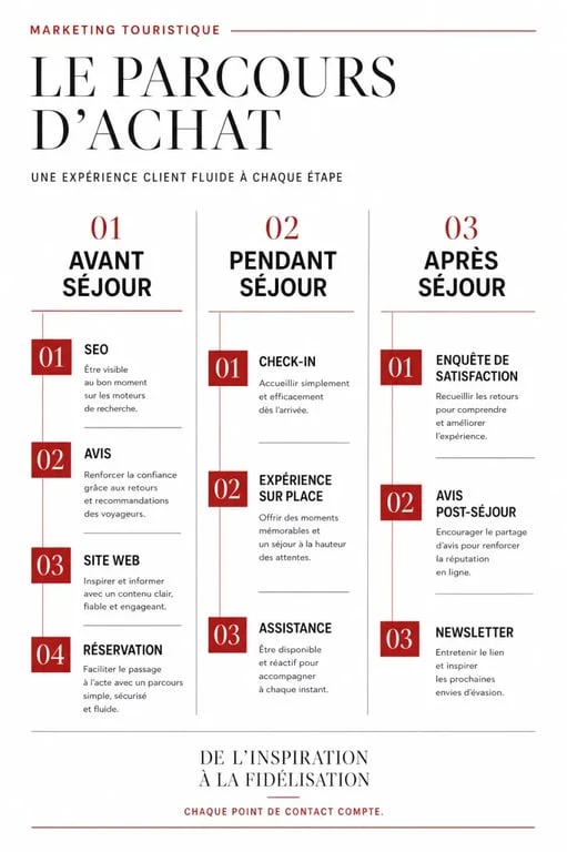 Marketing touristique : parcours voyageur avant, pendant et après séjour avec leviers digitaux