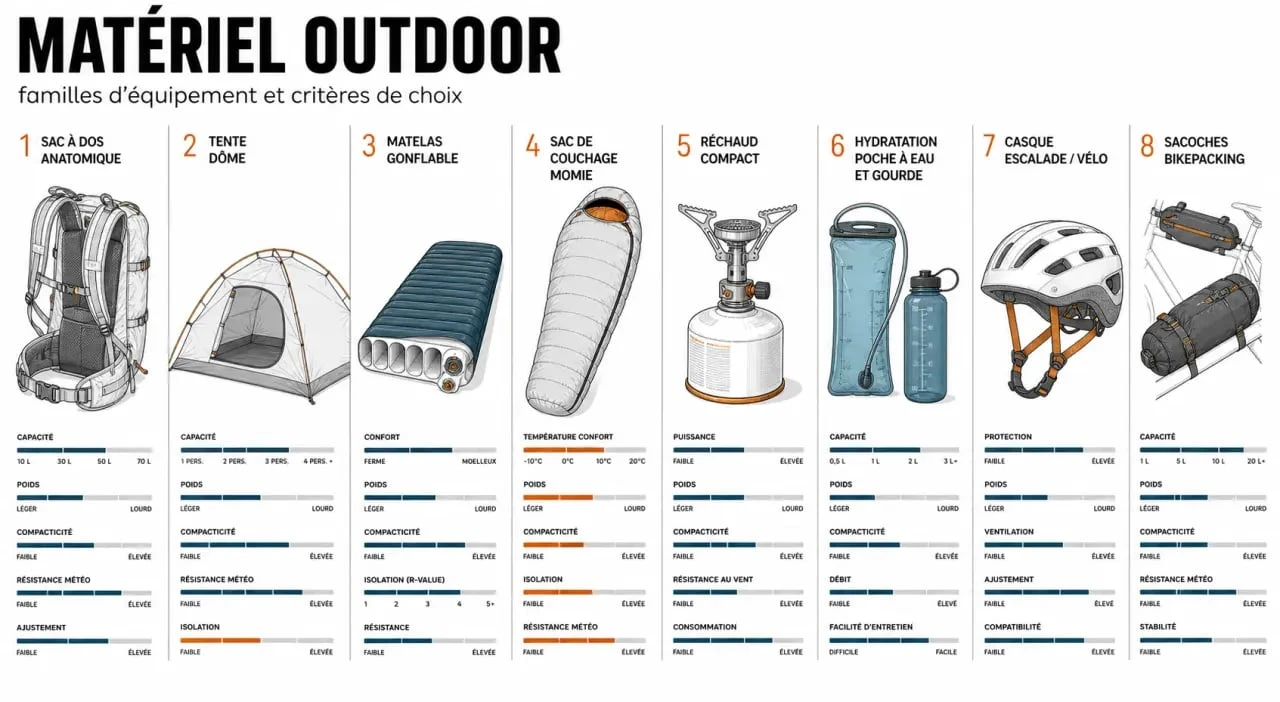Matériel outdoor : synthèse visuelle des familles d’équipement et des critères de choix