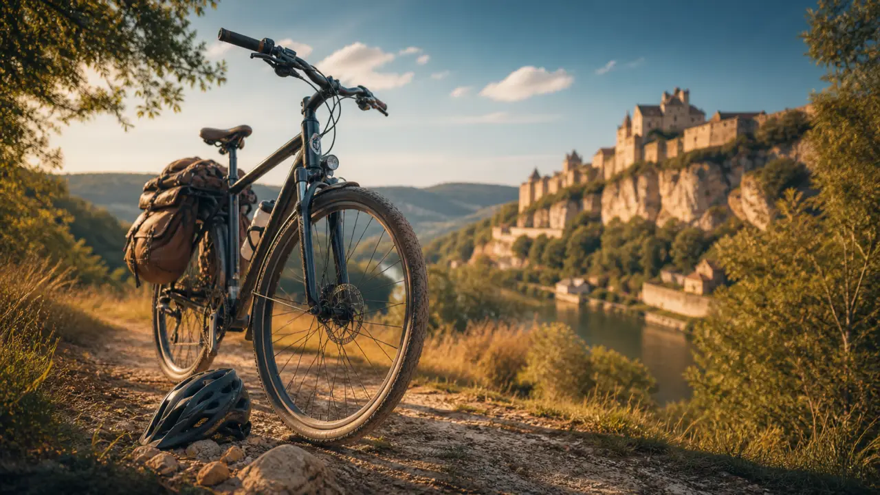 VTC pour les châteaux de la Dordogne à vélo : vallée et château sur falaise