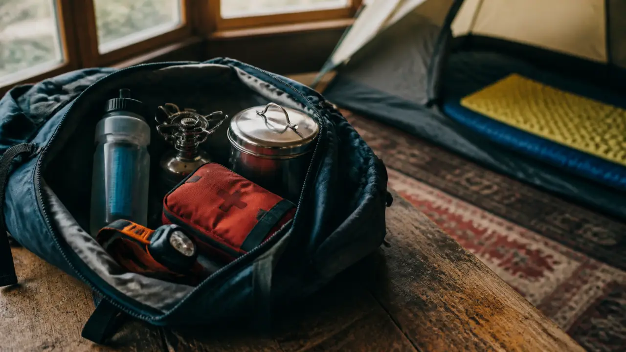 Matériel outdoor randonnée bivouac vélo neige : sac, réchaud, popote et trousse