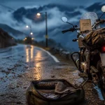 Motorbike road trip : moto sur route sinueuse sous la pluie