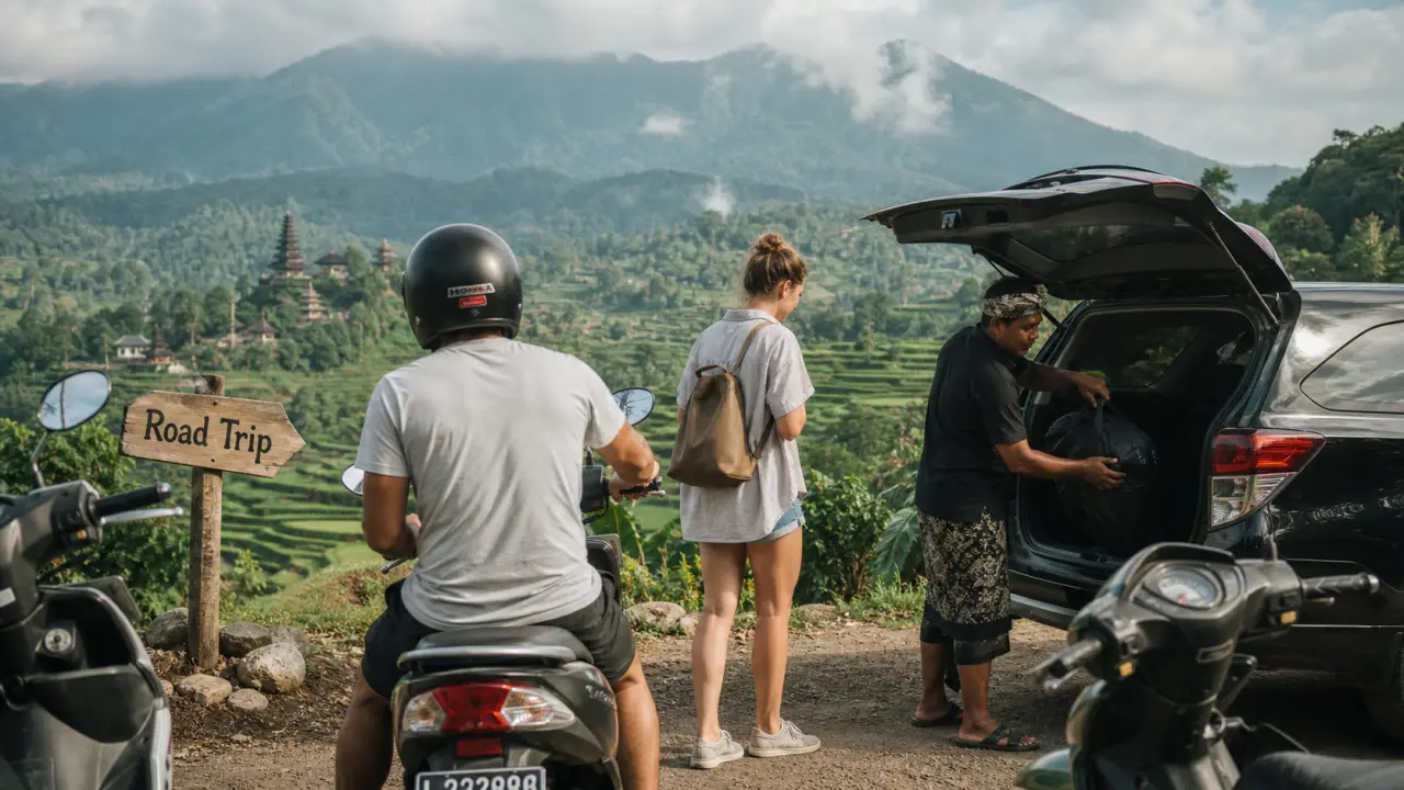 road trip bali : scooter sur route, rizières en terrasses et brume de montagne