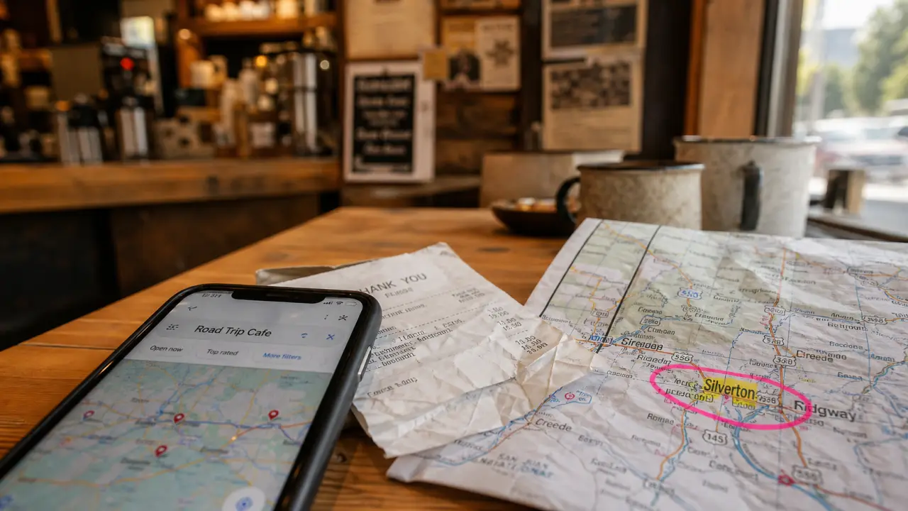 Road trip café : recherche sur carte près d’une vitrine