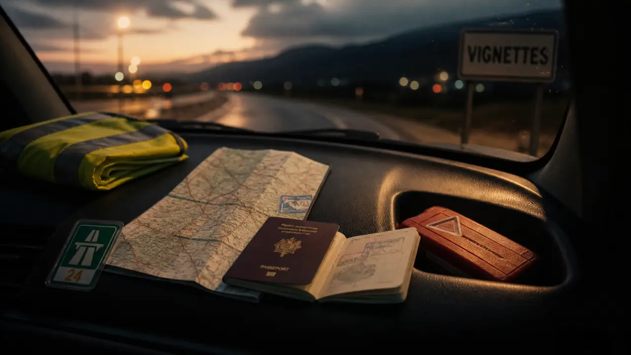 Road trip europe de l'est : vignette sur pare-brise et gilet réfléchissant