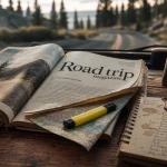 Road trip magazine, magazine ouvert sur carte et surligneur, inspiration itinéraire réaliste