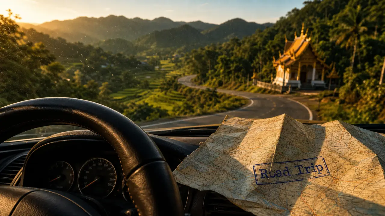 Road trip to thailand : voiture à gauche, route sinueuse du nord thaïlandais