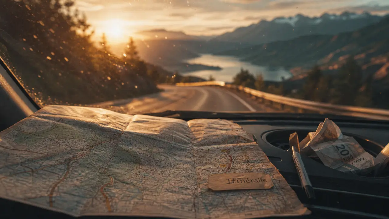 Un road trip : itinéraire sur carte routière dans une voiture