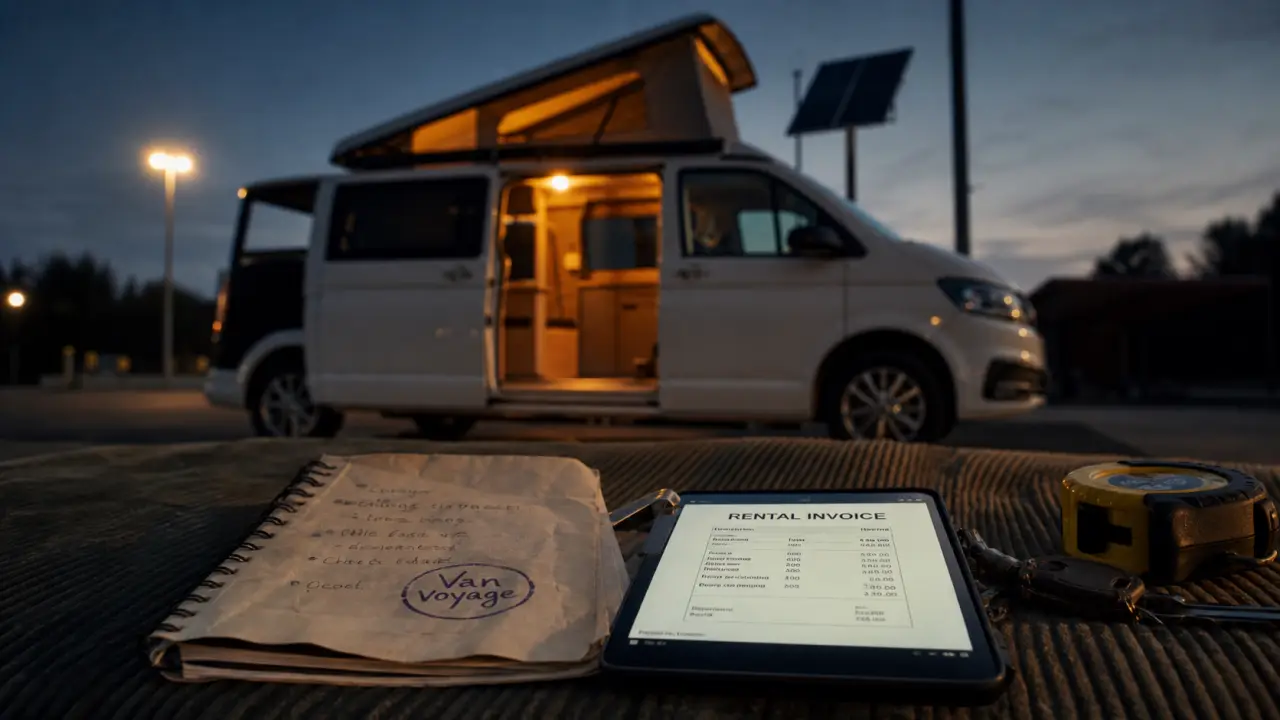 Van voyage blanc au crépuscule, facture de location et clés