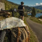 Voyage velo suisse sur véloroute, panneau et carte GPS, cyclotouriste
