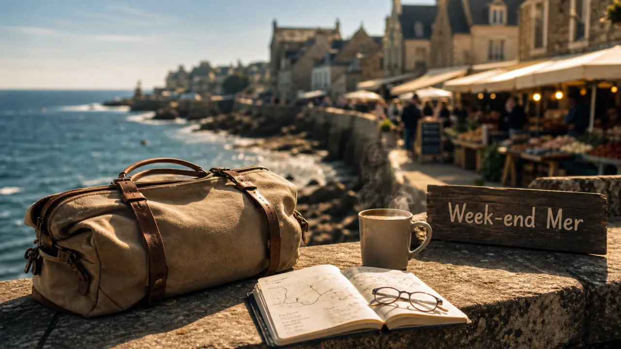 Week-end en France : idées de destinations mer et ville, sac voyage sur un quai côtier