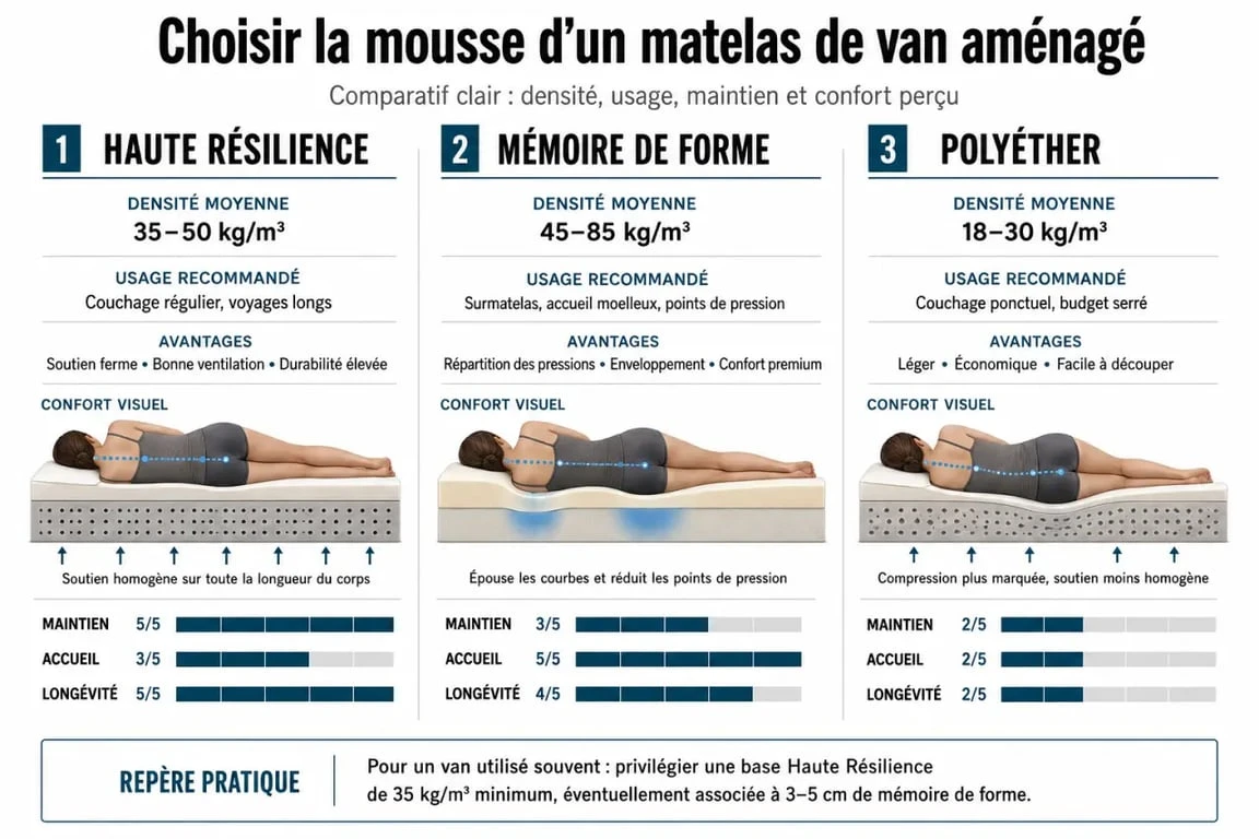 Comparatif de matelas van aménagé selon la mousse, la densité et l’usage