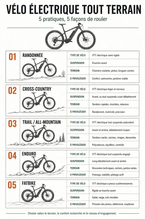 Infographie des pratiques et configurations d’un vélo électrique tout terrain