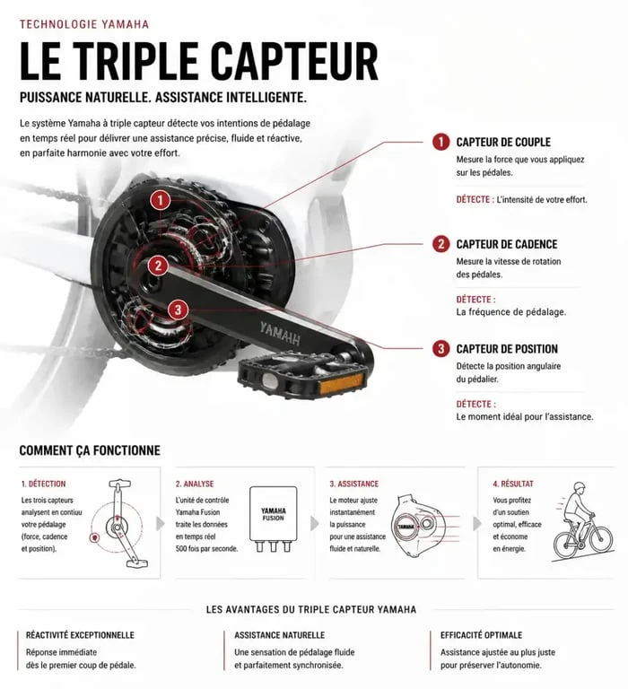Schéma du fonctionnement du triple capteur sur un vélo électrique Yamaha