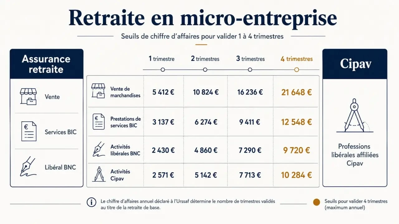 Micro entreprise retraite : infographie sur la caisse de retraite et les seuils de trimestres