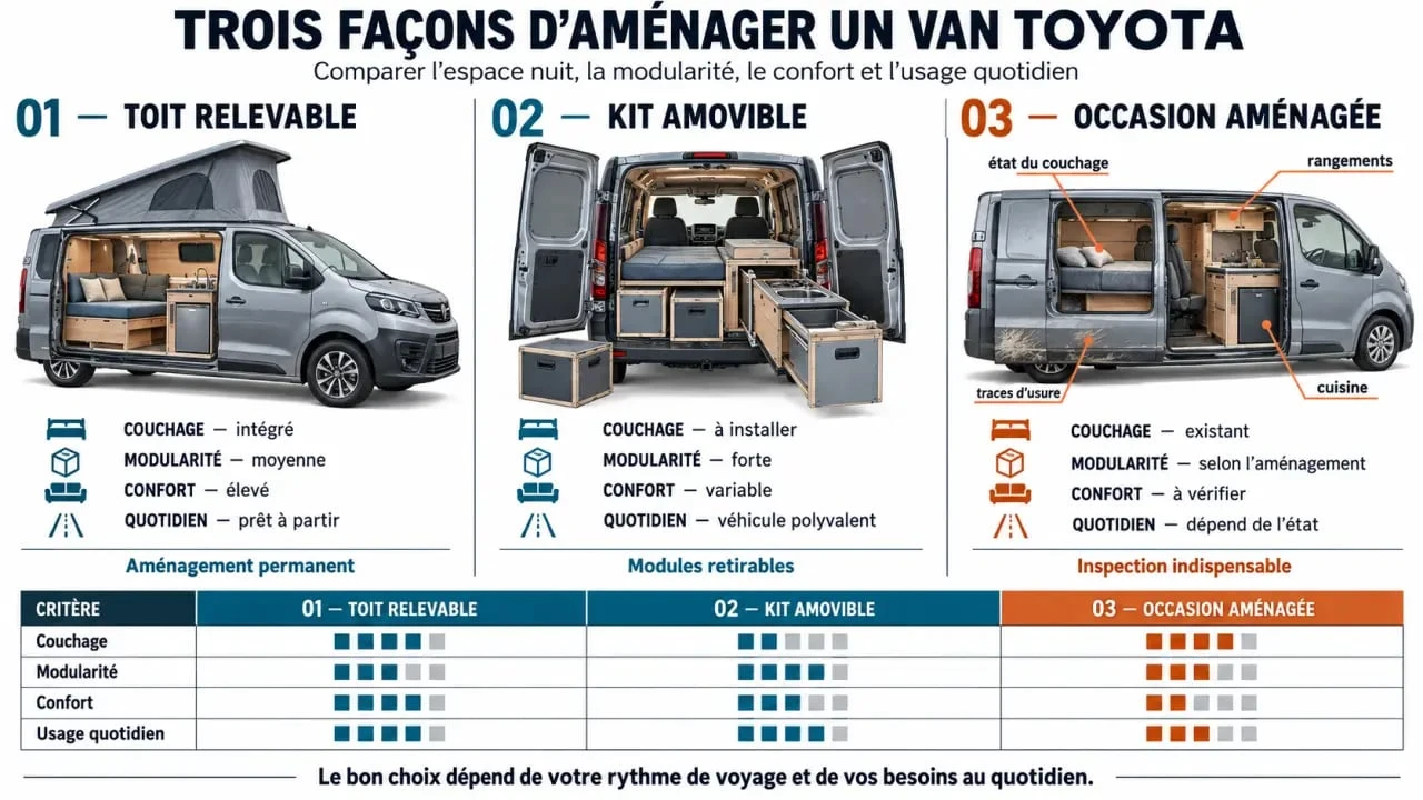 Infographie comparative des solutions de van Toyota aménagé : Crosscamp, kit amovible et occasion
