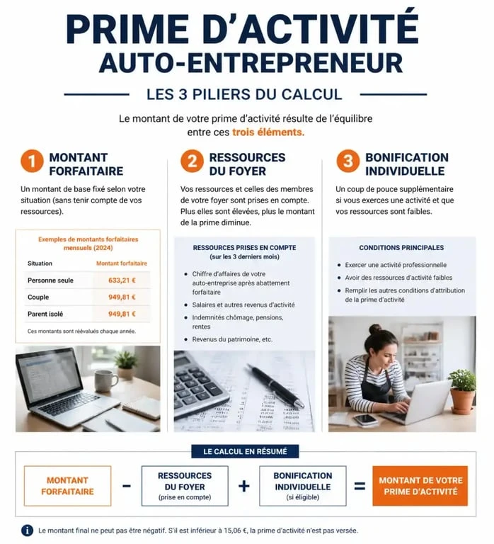 Infographie expliquant le calcul de la prime d'activité auto entrepreneur