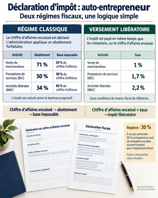 Infographie sur la declaration d'impot pour auto entrepreneur et les régimes fiscaux