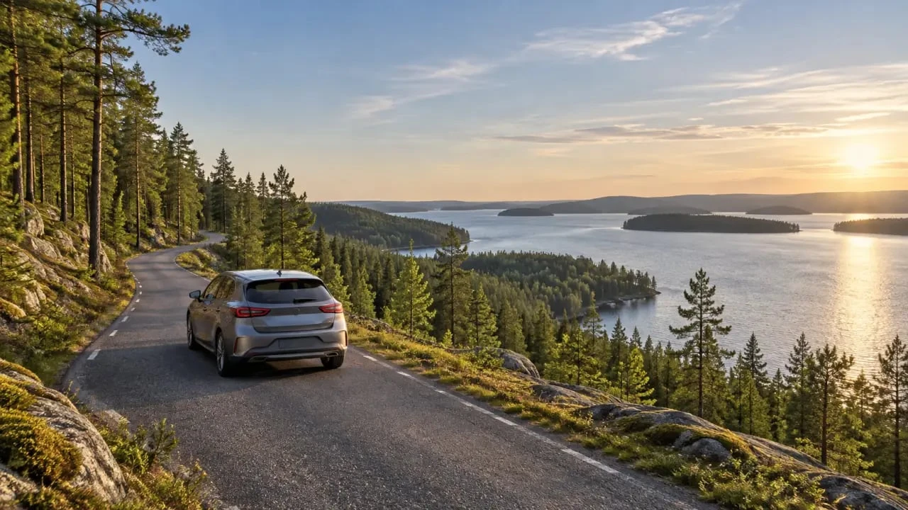 Route forestière au bord d'un lac pendant un road trip Finlande en été