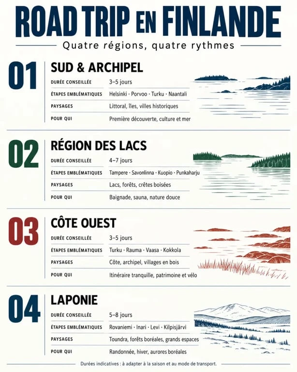 Infographie des régions à choisir pour un road trip Finlande selon la durée et les activités