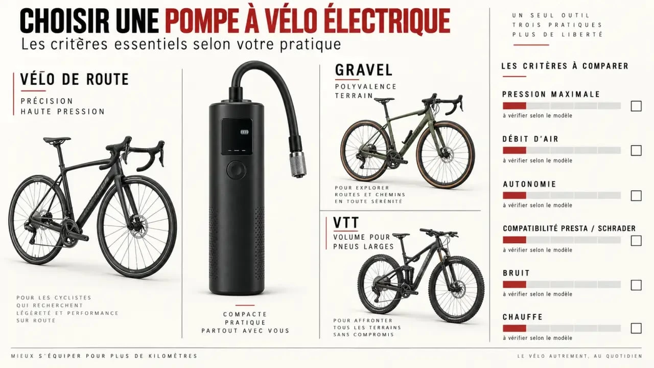 Infographie sur la pompe à vélo électrique selon les usages route, gravel et VTT