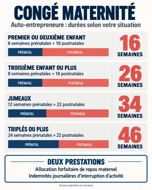 Infographie sur le congé maternité auto entrepreneur : durées selon la situation familiale et prestations