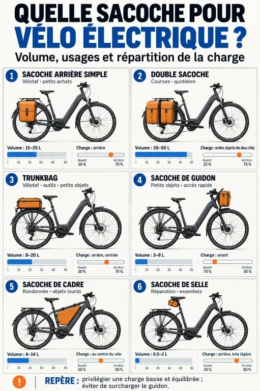 Infographie des formats de sacoche vélo électrique selon l’usage