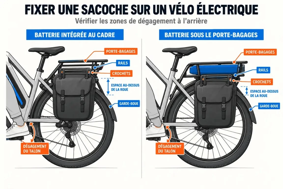 Schéma de compatibilité d’une sacoche vélo électrique avec la batterie et le porte-bagages