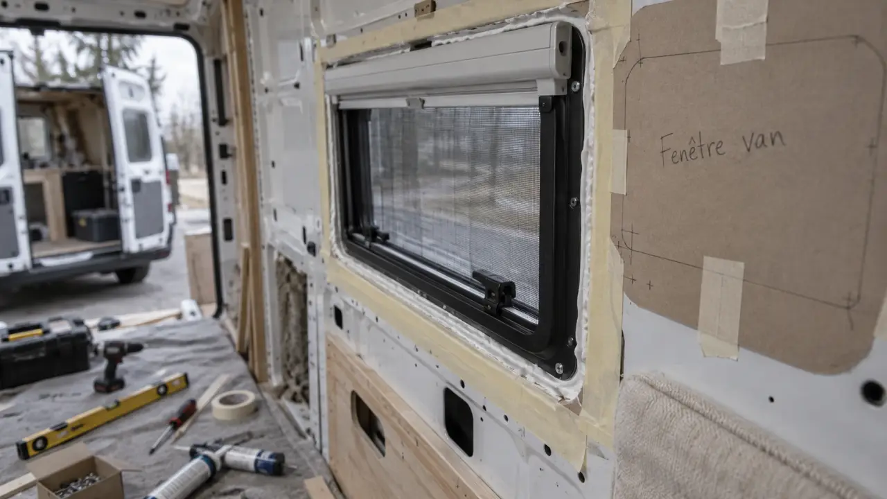 Fenetre van aménagé en cours de pose avec gabarit et mastic d’étanchéité