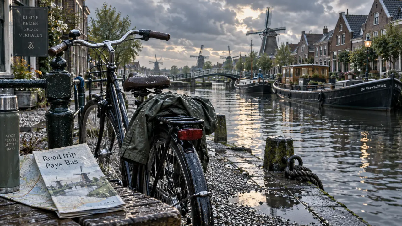 Road trip pays bas : vélo près d’un canal néerlandais avec moulins