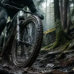 Vélo électrique tout terrain VTTAE sur sentier forestier boueux