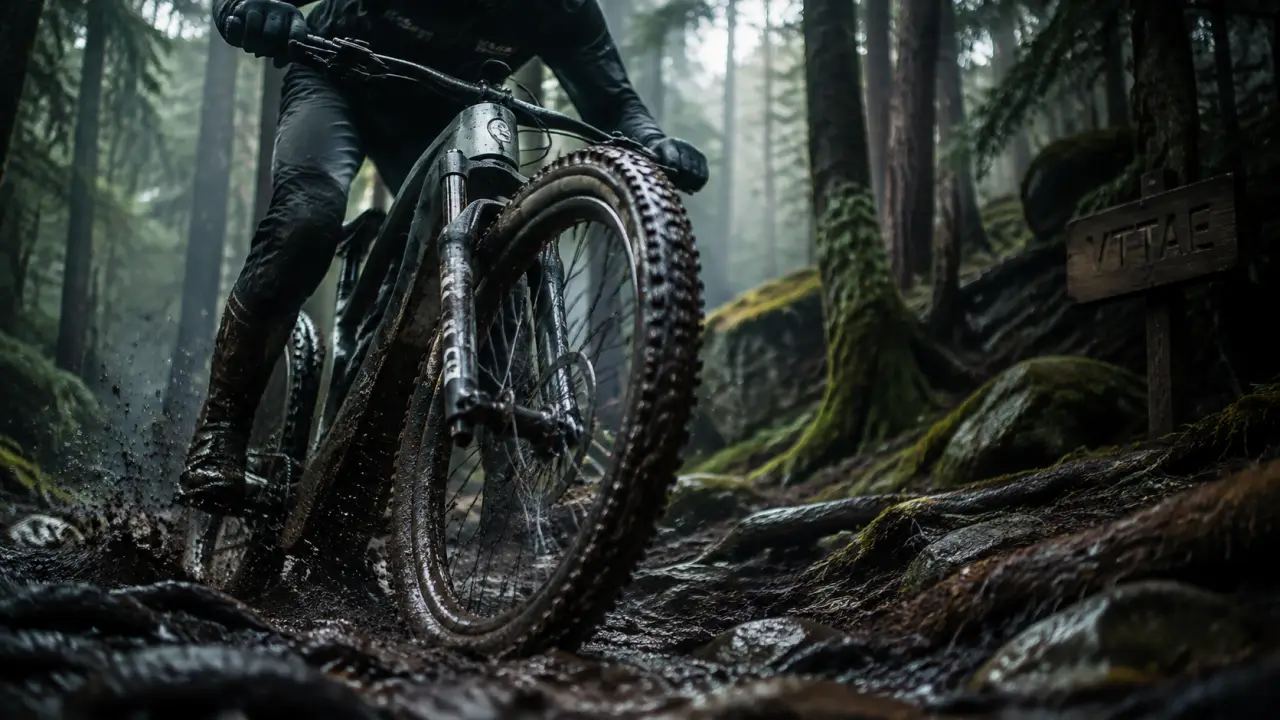 Vélo électrique tout terrain VTTAE sur sentier forestier boueux