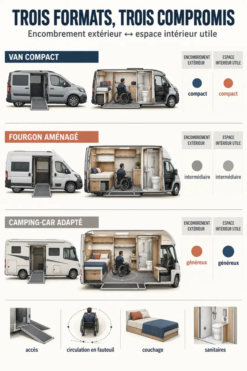 Infographie sur les configurations de van aménagé handicap : van compact, fourgon et camping-car adapté