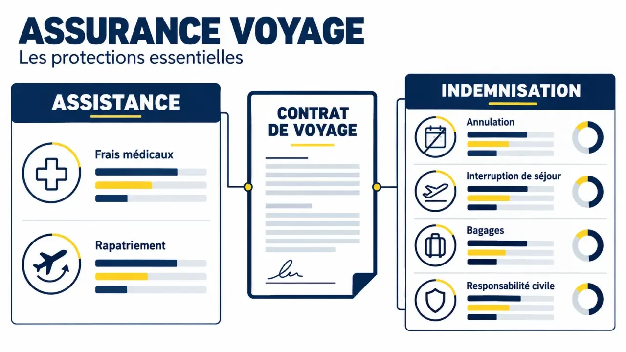 Visuel éditorial des garanties d’une assurance voyage AXA : frais médicaux, rapatriement, annulation et bagages