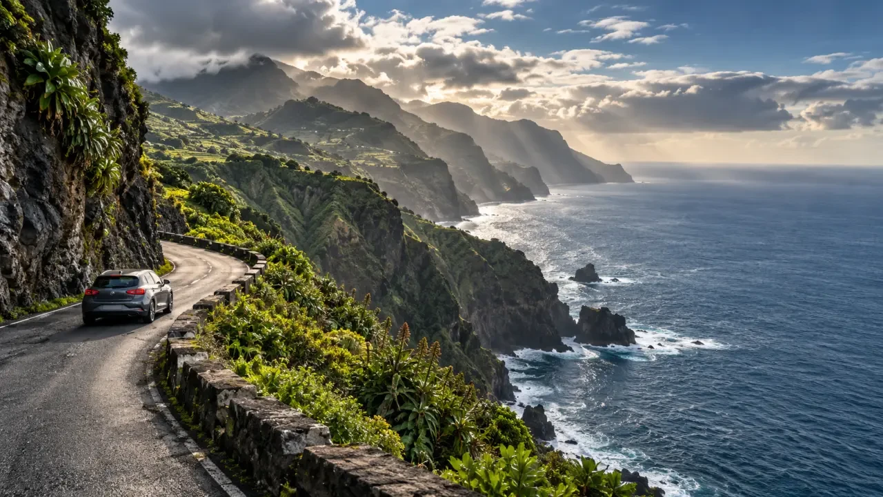 Road trip Madère sur une route côtière entre montagnes volcaniques et océan