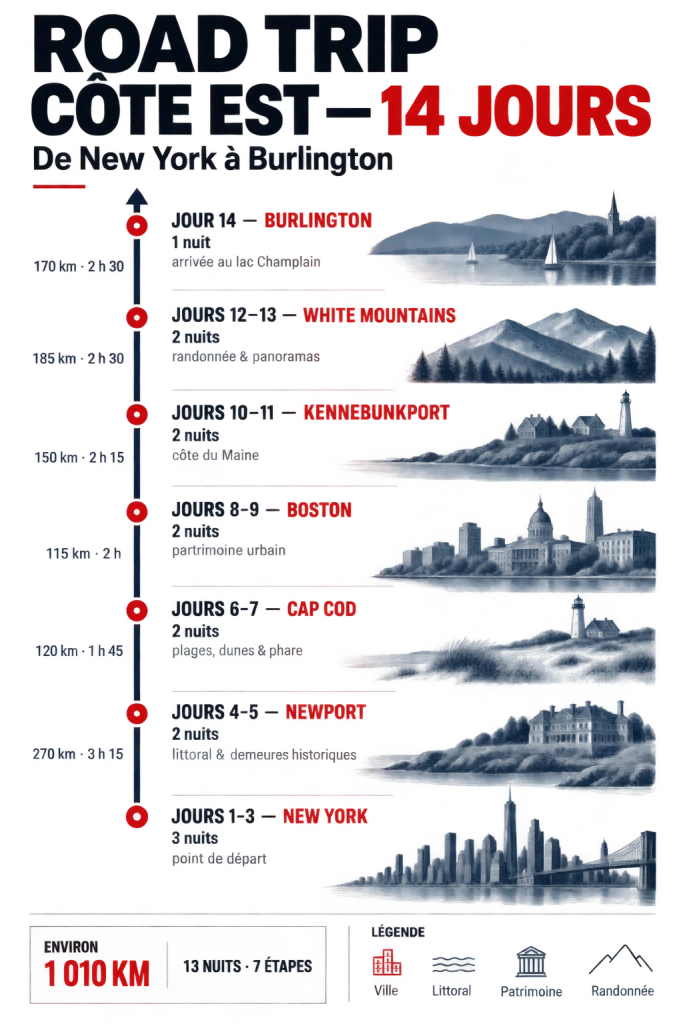 Infographie de l’itinéraire d’un road trip côte Est USA de New York à Burlington