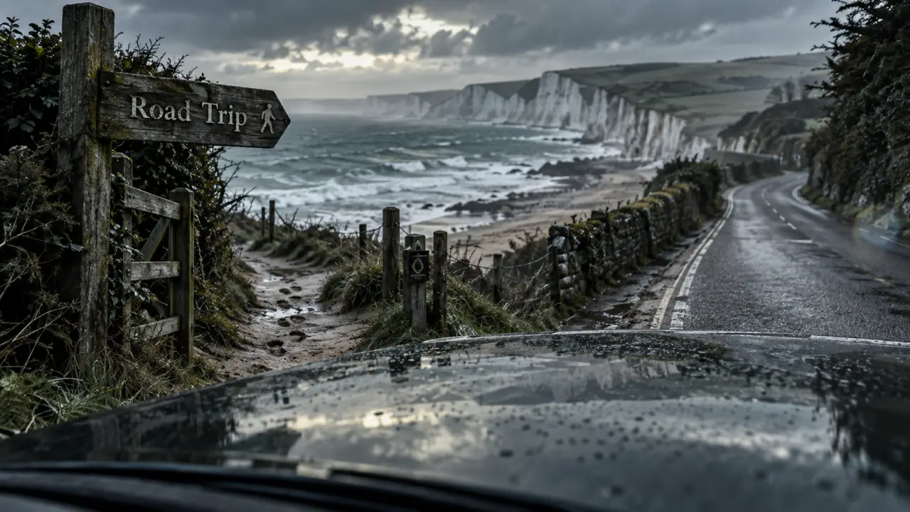 Road trip angleterre : voiture sur route côtière, falaises de craie et mer grise